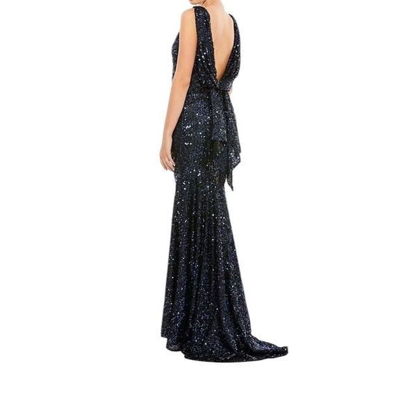 Mac Duggal 26331 Blue Cowl Back Boat Neck Sequined Evening Gown | Size 10 - Picture 6 of 12